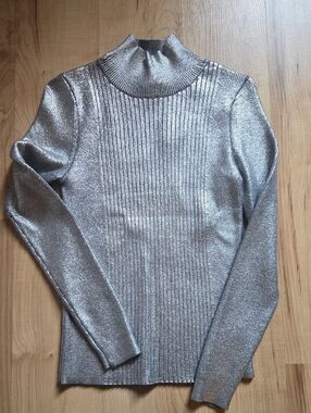 Silver Ribbed Cowl Neck Metallic Sweater